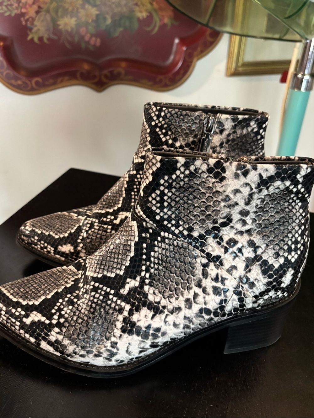 Blondo Black & White Snake-Print Ankle Booties